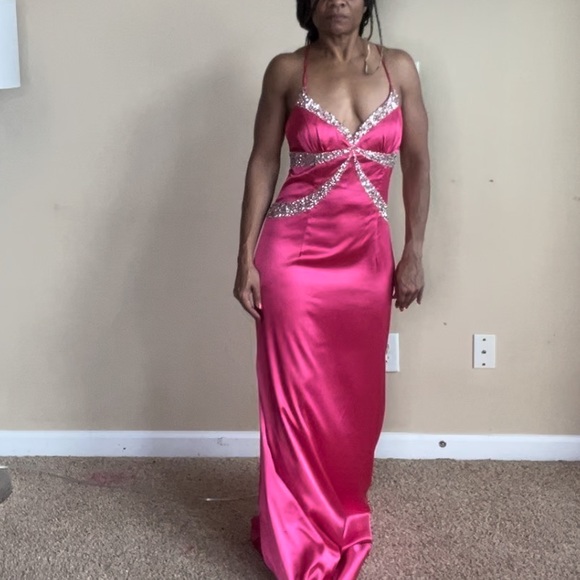 Cache Hot Pink and Silver Beaded Sequin Sexy Low Back Prom Evening Gown - Picture 2 of 15